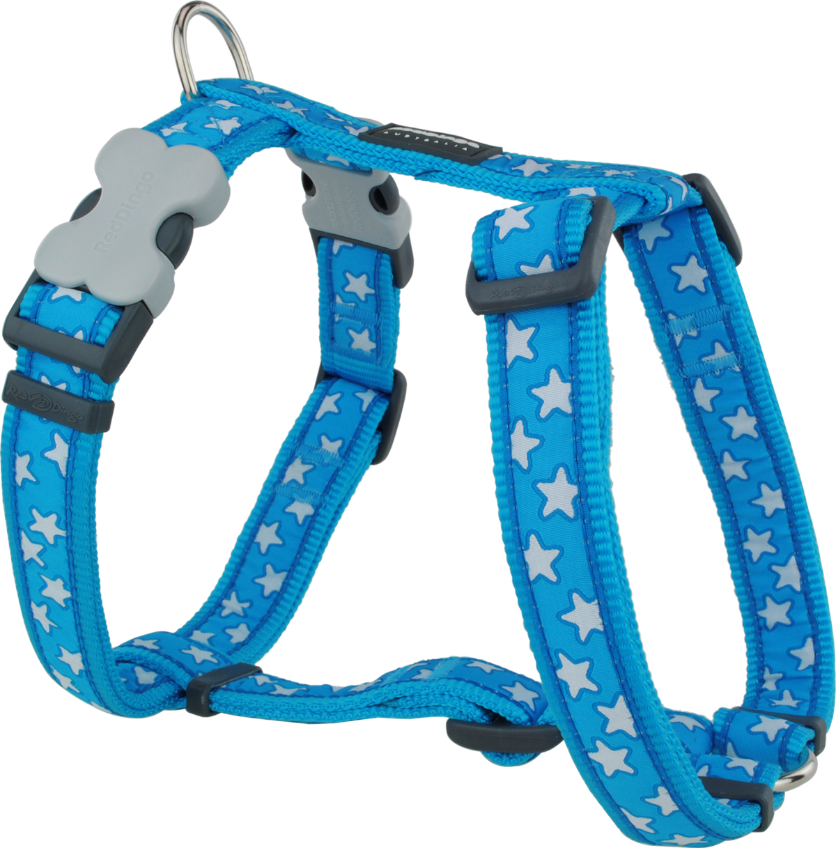 Turquoise dog harness with white star pattern and padded adjustable straps