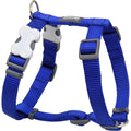 Dark blue dog harness with adjustable straps, padded chest band, and metal buckles