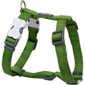 Green woven dog harness with adjustable straps and front fastening clip