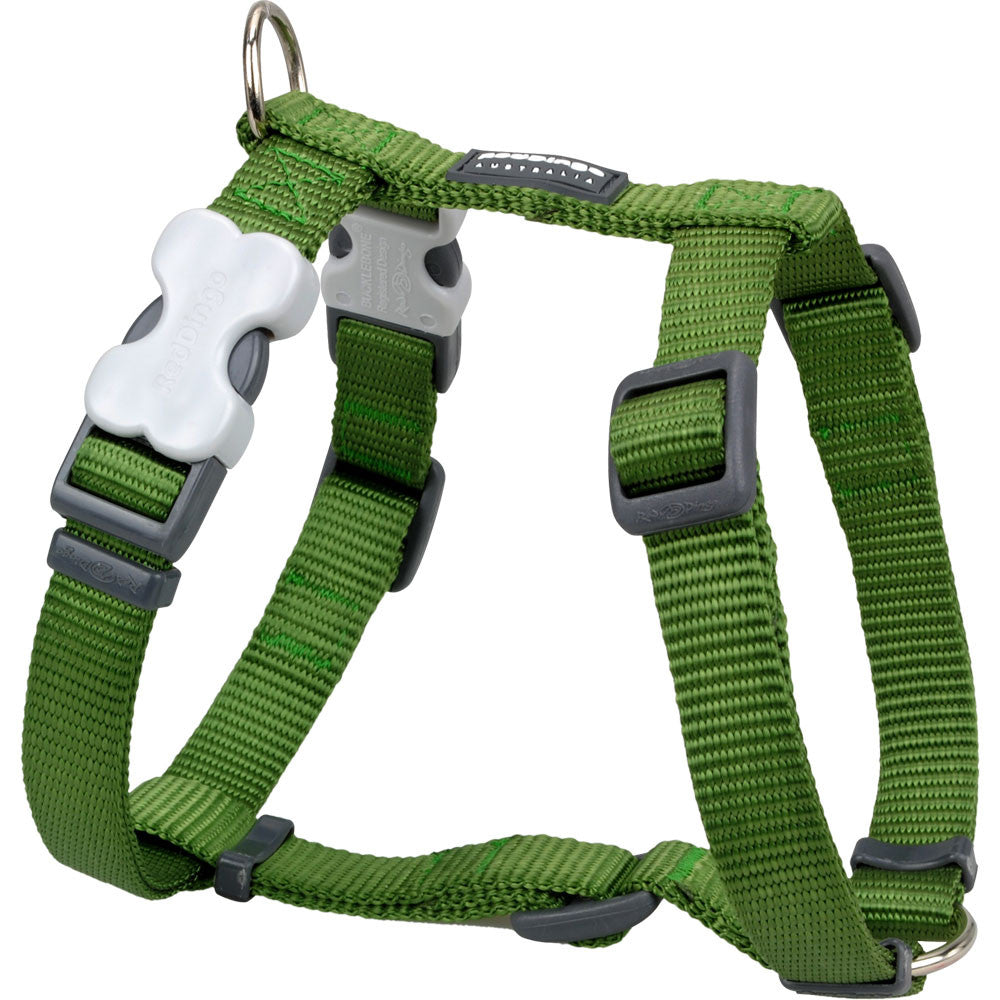 Green woven dog harness with adjustable straps and front fastening clip