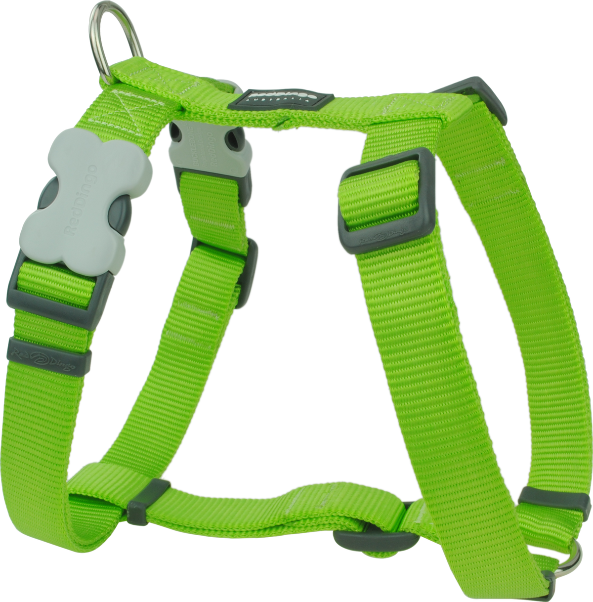 Red Dingo lime green dog harness with adjustable straps and chest padding, buckle closures