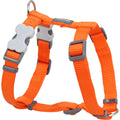 Orange fabric dog harness with adjustable straps, front D-ring, and padded chest support