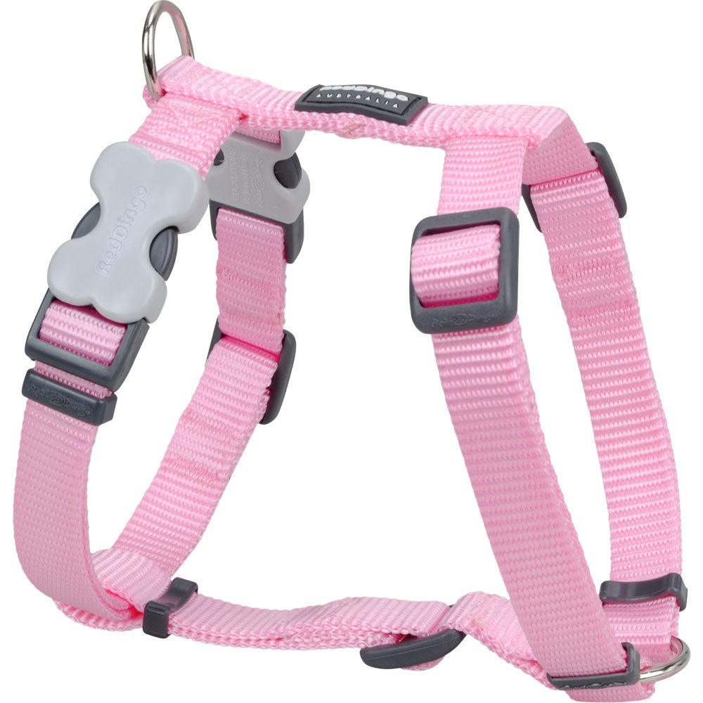Red Dingo classic dog harness, pink webbing with black buckles and leash ring