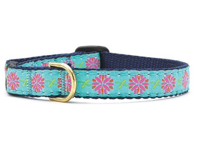 Teal cat collar with pink and green floral pattern and gold buckle detail