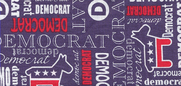Democrat dog collar fabric close-up with blue, white, and red printed text