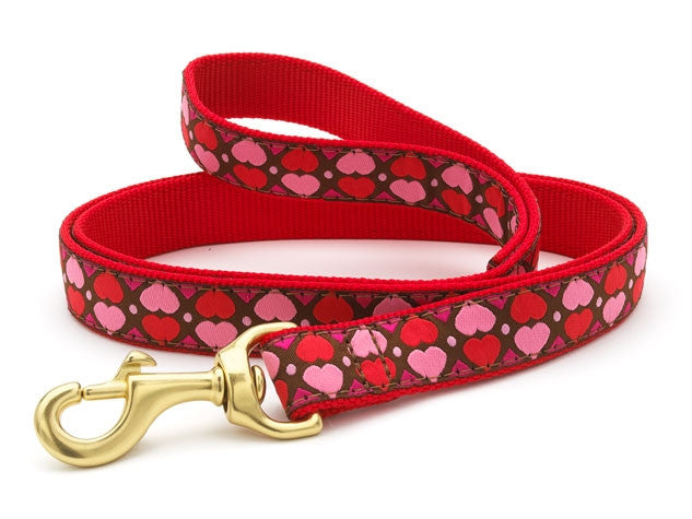 Red dog leash with pink heart pattern and brass clasp, fabric loop handle