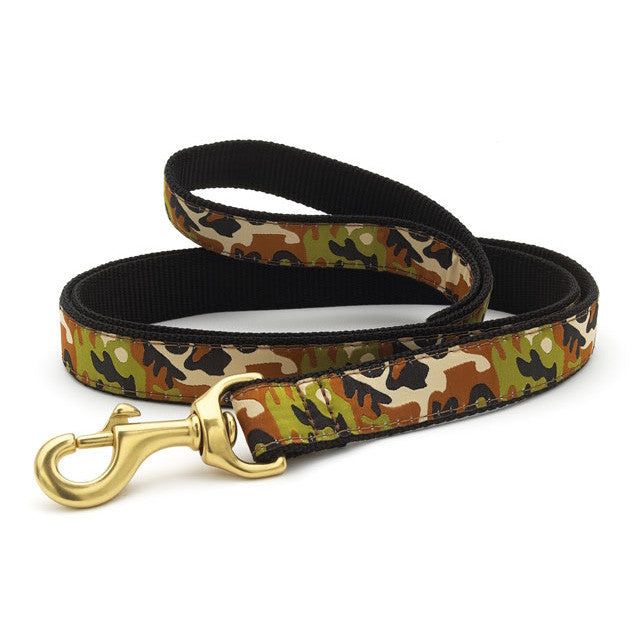 Dog collar with multicolor camouflage print, black backing, brass ring and clasp