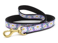 Lavender daisy-pattern dog leash with black webbing and gold metal clasp