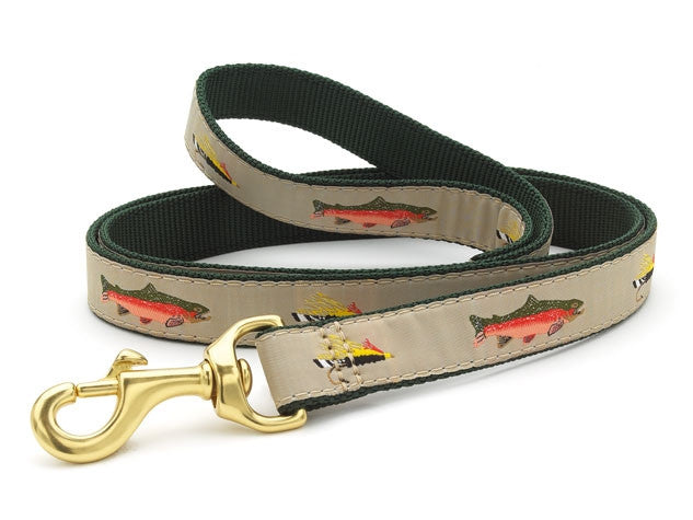 Beige fly-fishing dog leash with colorful fish print and gold swivel clasp, dark green trim