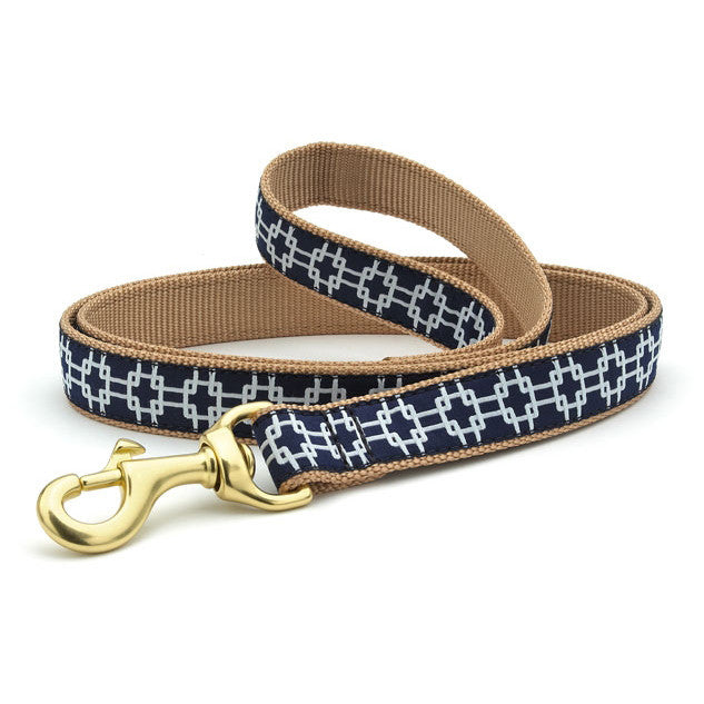 Woven dog collar with tan and navy grid pattern plus matching leash, brass clasp and clip