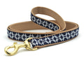 Gridlock pattern dog leash with brass clasp and tan webbing trim