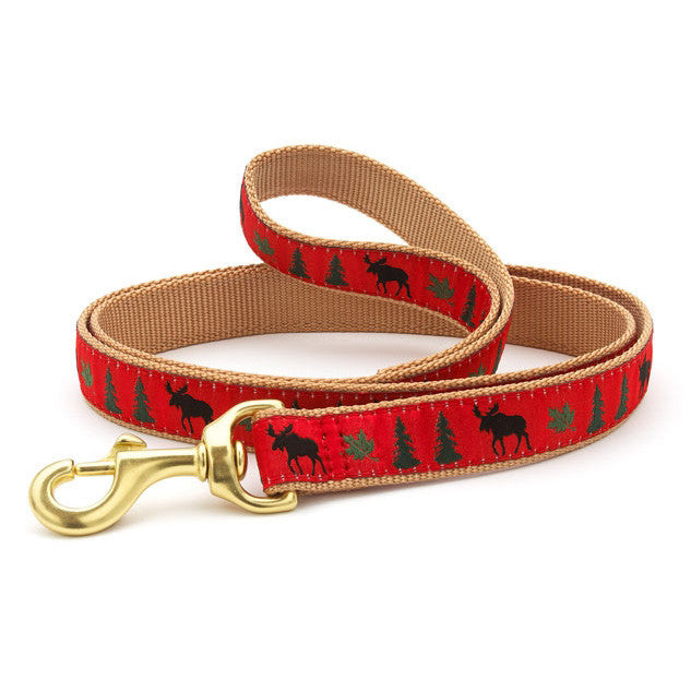 Moose dog collar with red-and-green woodland print and brass D-ring buckle