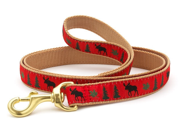 Up Country moose dog leash with red patterned webbing and brass clasp