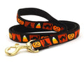 Halloween dog leash, black strap with orange pumpkin and bat pattern, gold metal clip