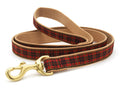Red plaid dog leash with tan webbing and brass snap hook