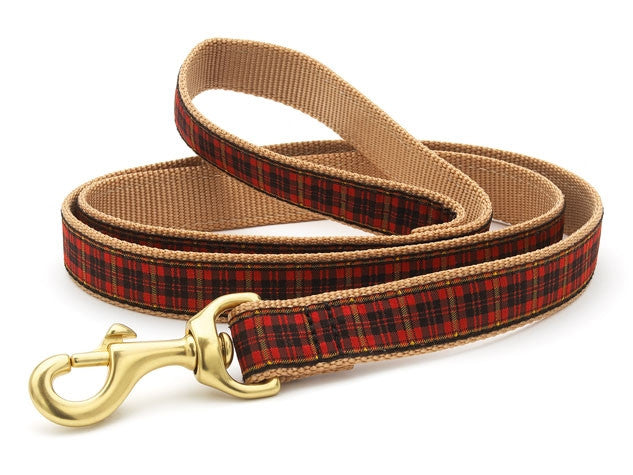 Red plaid dog leash with tan webbing and brass snap hook
