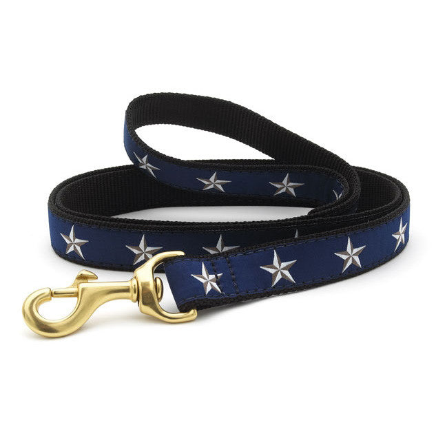 Blue dog collar with repeating star pattern, gold clasp, and D-ring