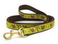 Up Country Nuts dog leash, green animal print webbing, brass snap and D-ring