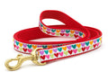 Red dog leash with multicolor heart print and brass metal clasp