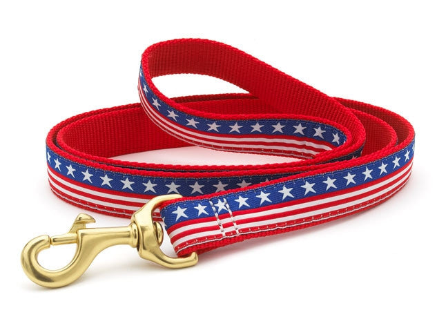 Stars and stripes dog leash with gold clasp; red, white, and blue woven webbing
