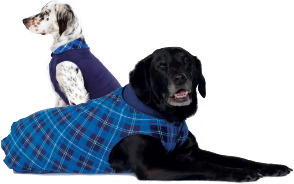 Dog fleece pullover sweater in blue plaid with navy collar, worn by a black dog