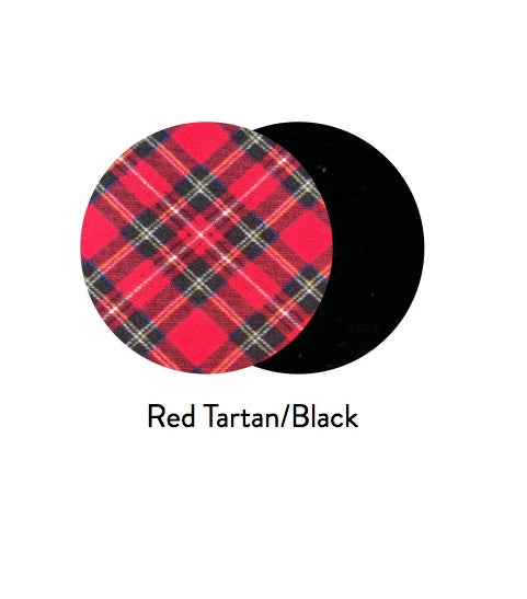 Red tartan plaid fabric swatch with black backing for dog pullover sweater