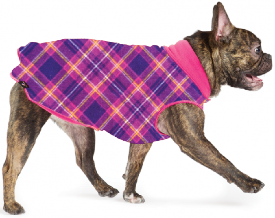 Plaid fleece dog sweater with pink trim and short sleeves, side view