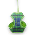 Green and blue plaid soft step-in dog harness with mesh leg openings and pull strap
