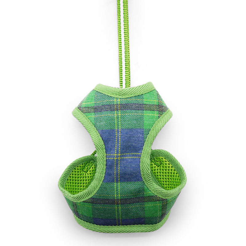 Green and blue plaid soft step-in dog harness with mesh leg openings and pull strap