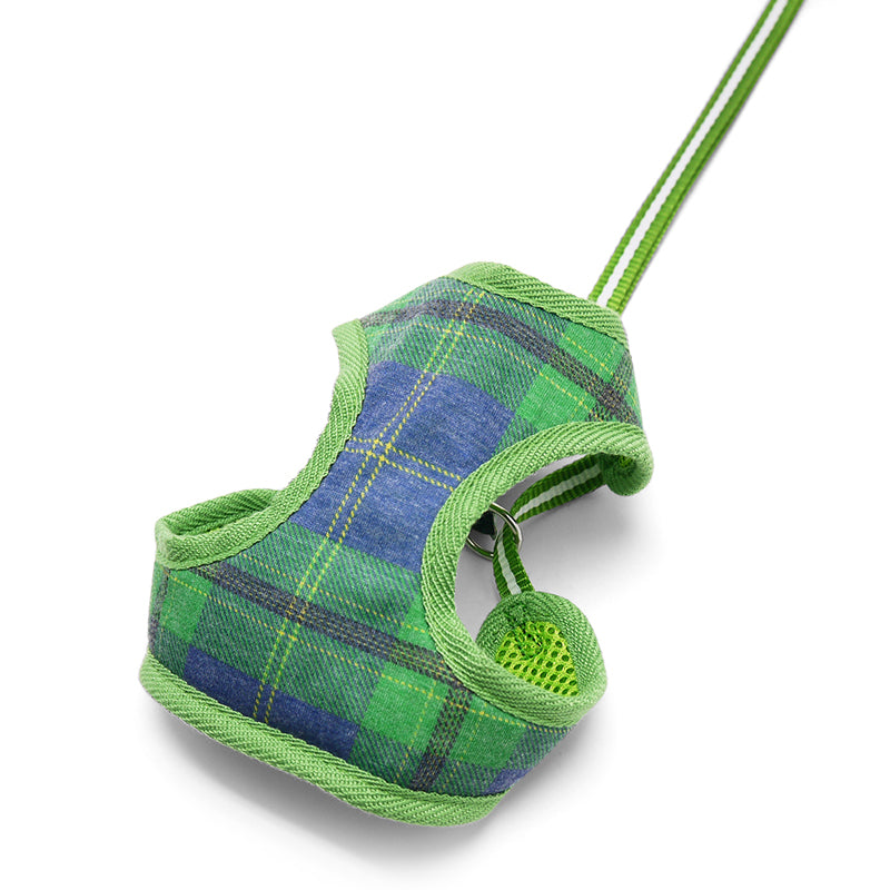 Green and blue plaid soft step-in dog harness with metal ring and mesh leg opening