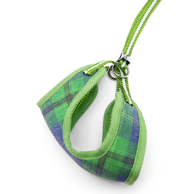 Green and blue plaid step-in dog harness with metal D-ring and adjustable neck strap
