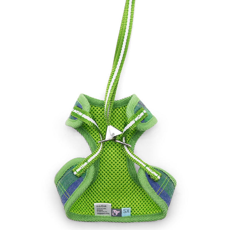 Green plaid step-in dog harness with adjustable strap, mesh panels, and size label