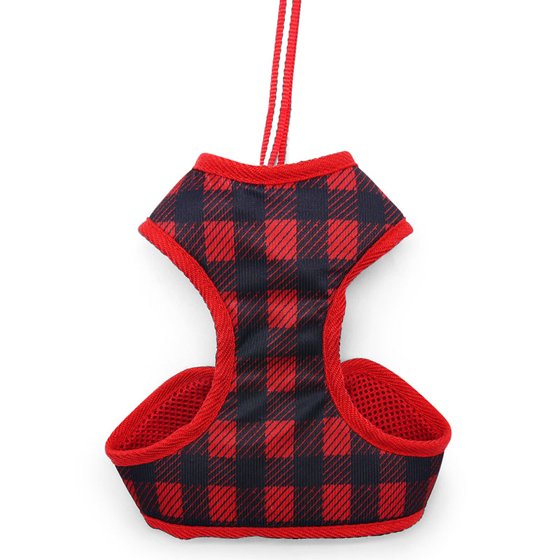 Red plaid soft dog step-in harness with front openings and adjustable straps