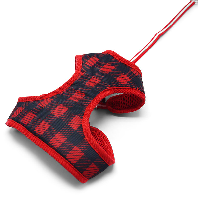 Red plaid soft dog harness with two front leg openings and lead strap
