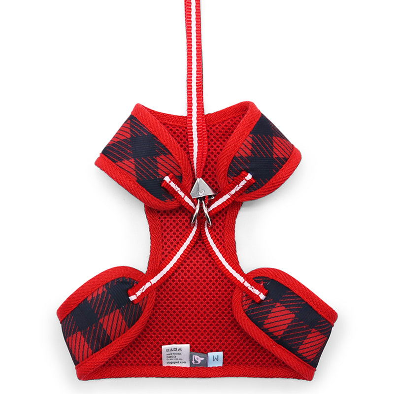 Red plaid soft dog step-in harness with central buckle and leg loops