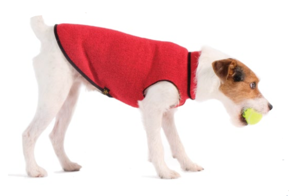 Ruby red fleece pullover dog sweater with round neck and open leg openings