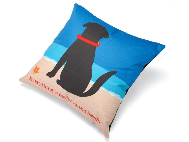 Blue beach accent pillow with black dog silhouette and 'Everything is better at the beach' text