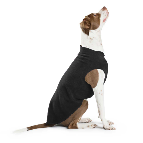 Black stretch fleece dog coat with cutout for front legs, full back coverage
