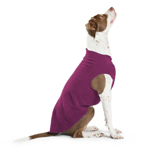 Eggplant purple stretch fleece dog coat, side view, belly opening and leg holes