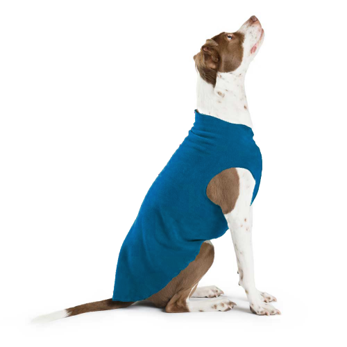 Blue stretch fleece dog coat with open leg panel design
