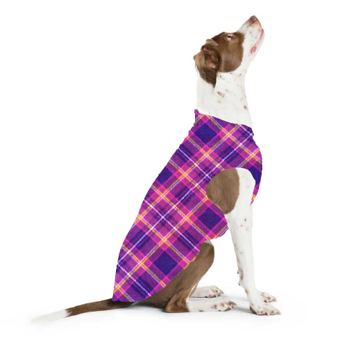 Mulberry plaid fleece dog coat with wide belly opening and armholes, on dog