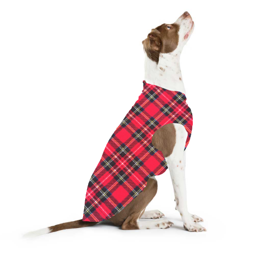 Red and black plaid stretch fleece dog coat with belly opening, worn by dog sitting