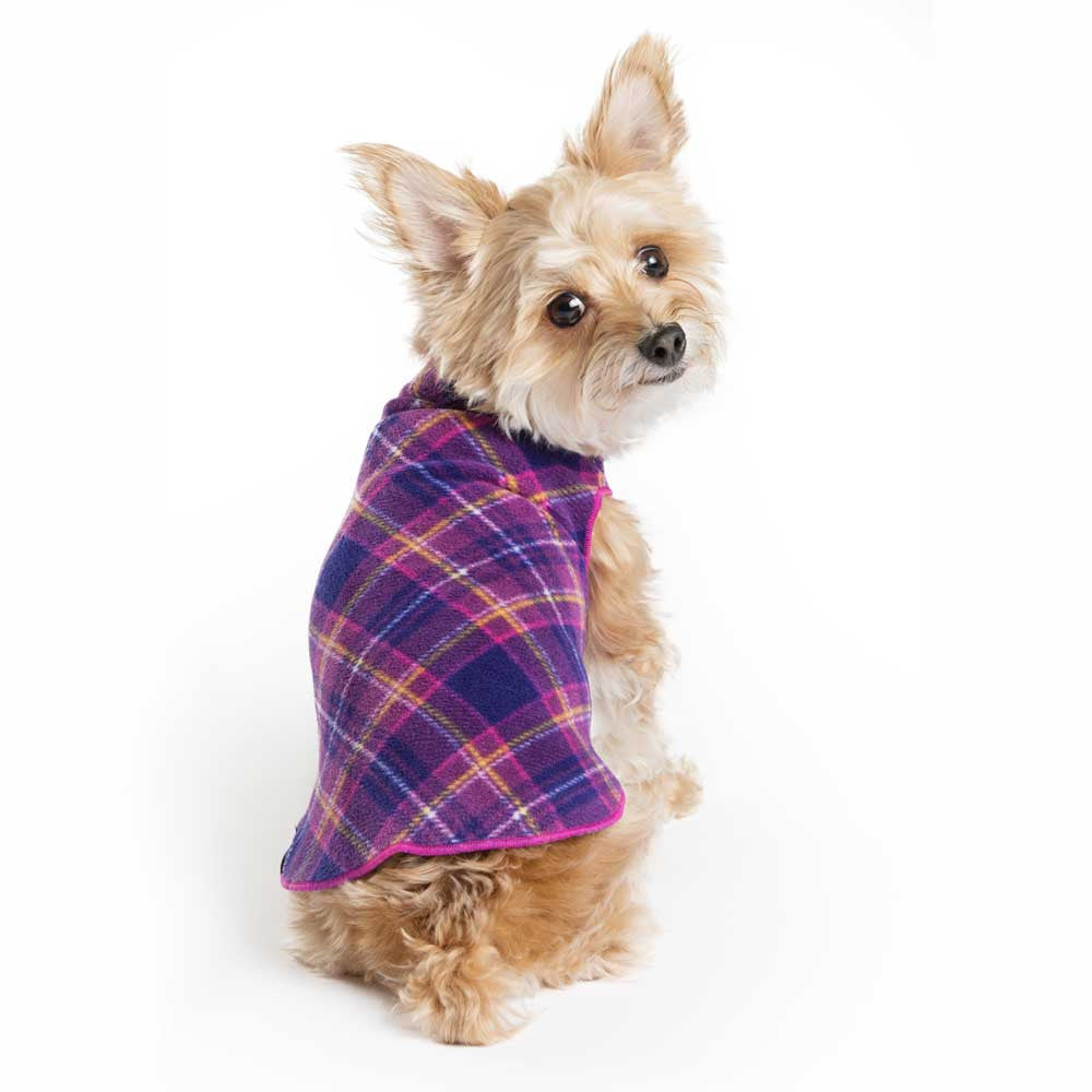 Stretch fleece dog coat in mulberry plaid, sleeveless with high neckline