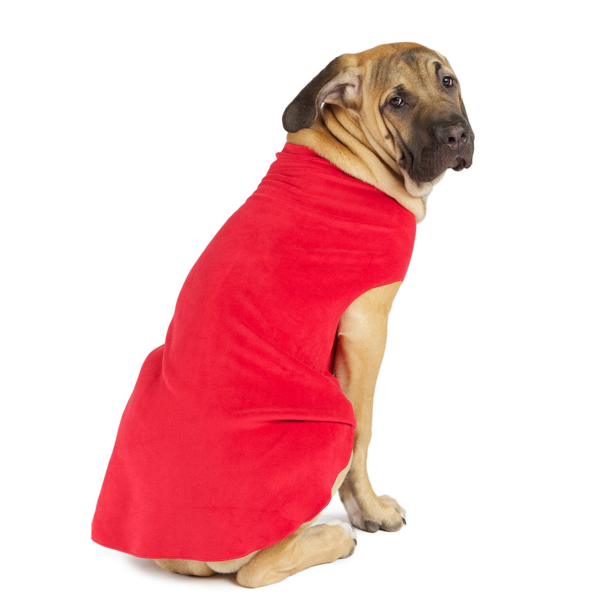 Red stretch fleece dog coat with paw openings, worn and fitted at the chest