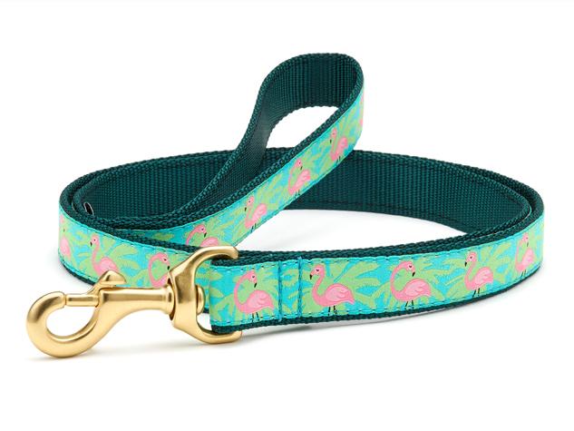 Dog leash with teal webbing, flamingo print strap, and brass swivel clasp