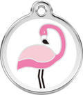 Stainless steel and enamel dog ID tag with pink flamingo design