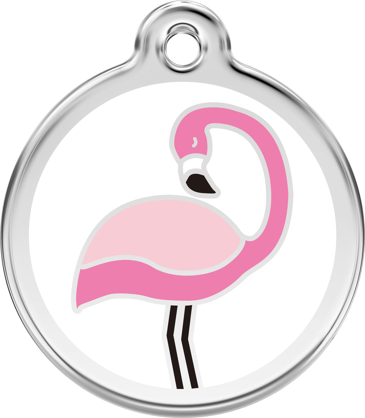 Stainless steel and enamel dog ID tag with pink flamingo design