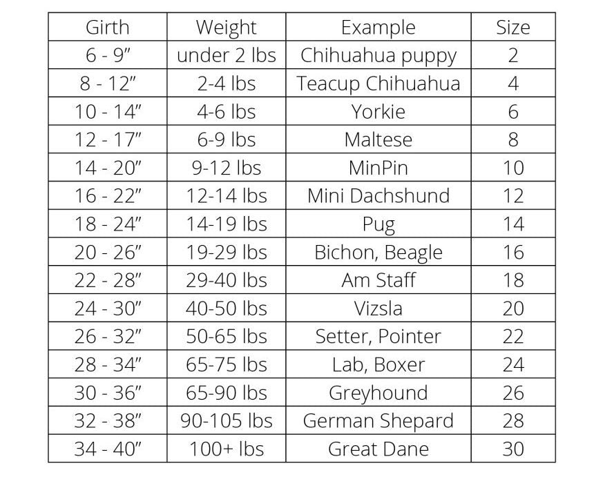 Dog coat size chart with girth ranges and recommended dog types by size