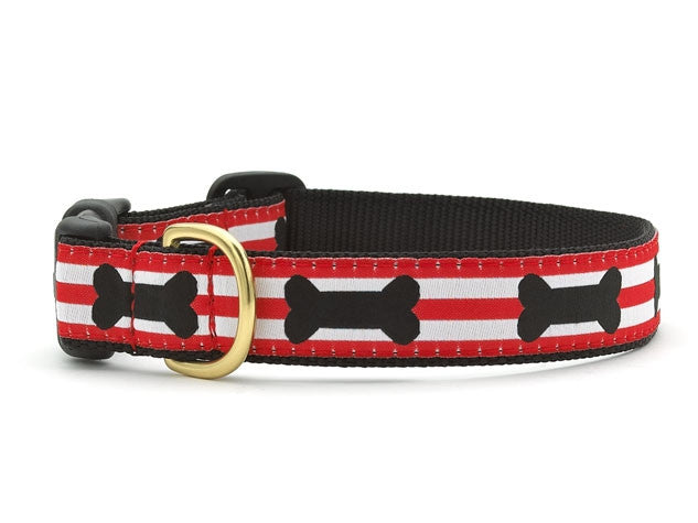 Red striped dog collar with black bone prints and brass buckle, black back strap
