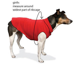 Red stretch fleece dog coat with paw openings, showing ribcage and girth measurement areas